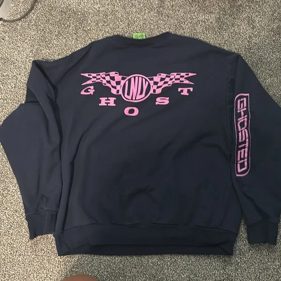 LONELY GHOST Navy Crewneck Sweater with Pink Graphics
